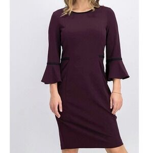 Calvin Klein Purple 3/4 Bell Sleeve Black Piping Trim Sheath Dress Size 6‎